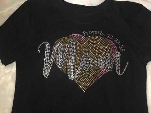 Mom Gold and Pink Hearts Rhinestone T-Shirt