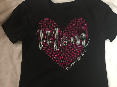 Mom Hot Pink Heart Rhinestone T-Shirt